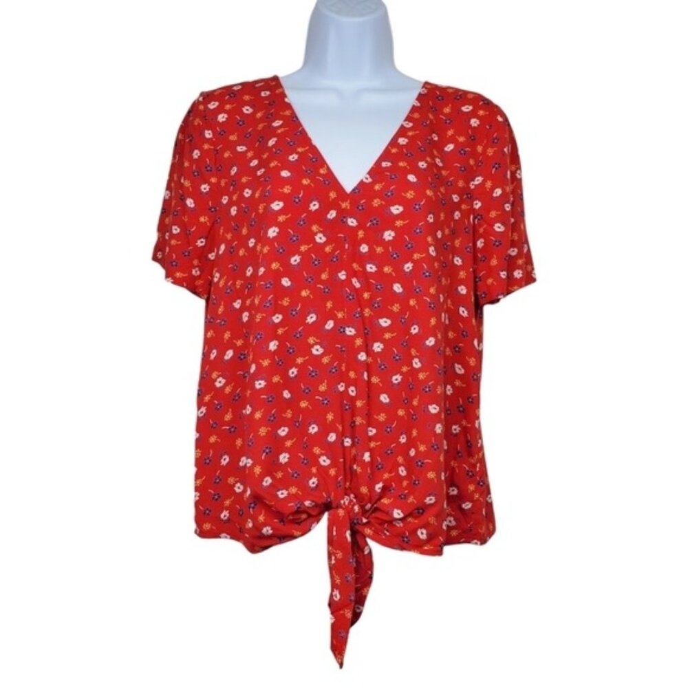 Madewell Womens Red Prairie Posies Floral Print V-Neck Tie Front Top Size XS